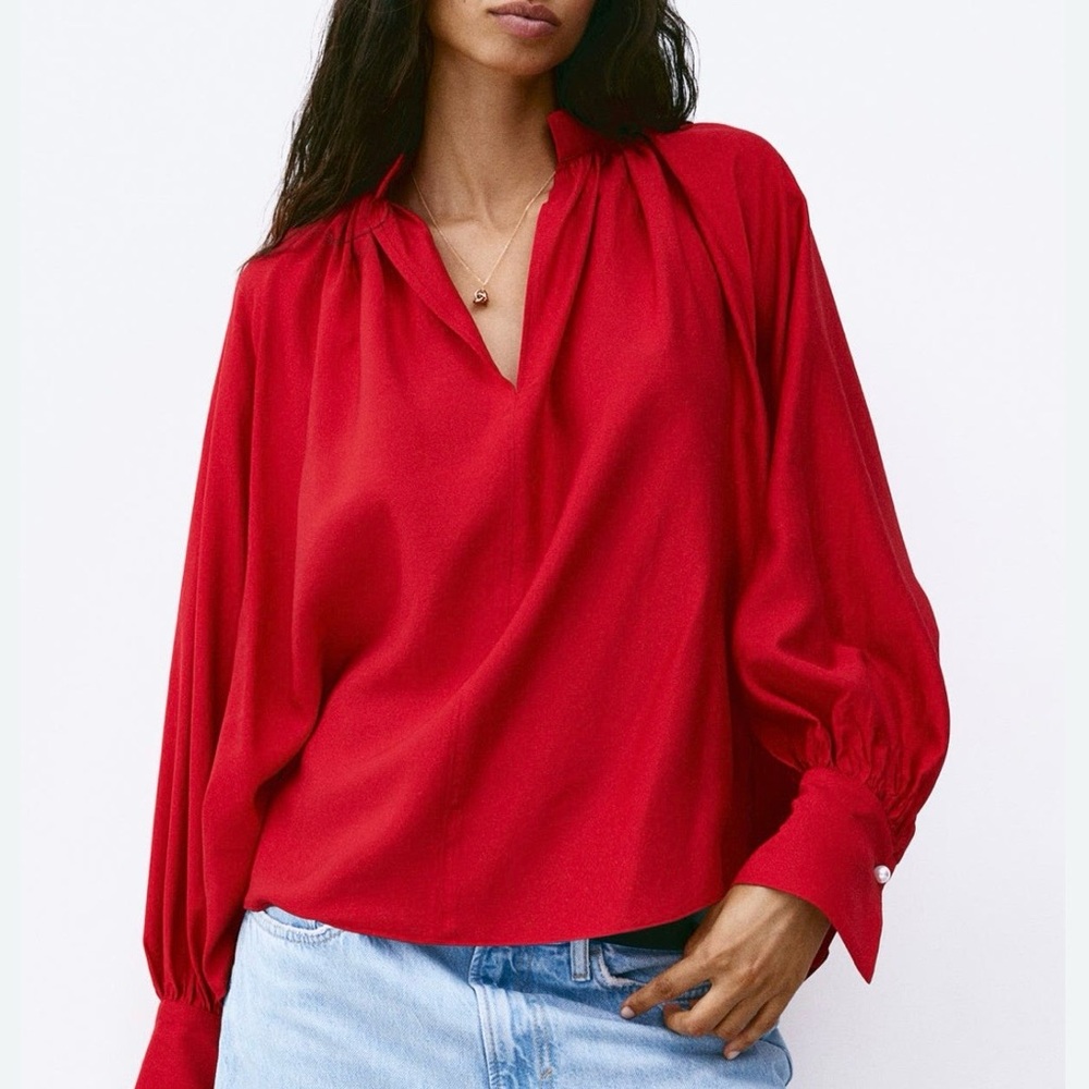 Red Long Sleeve Pullover Blouse